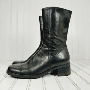 Walking Cradles Latex Black Leather Side Zip Block Heel Mid Calf Ankle Boot F583